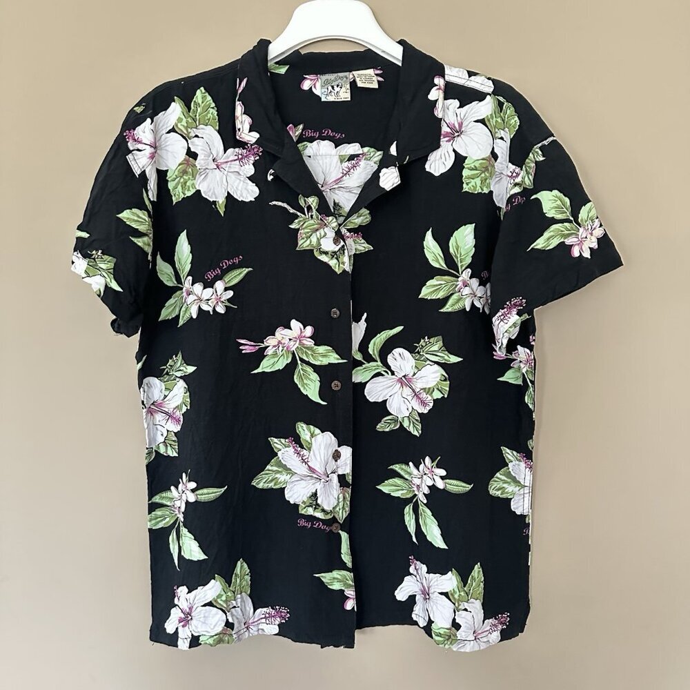 Big Dogs Hawaiian Button Shirt Men XL Black Floral Collar Beach Resort Habiscus